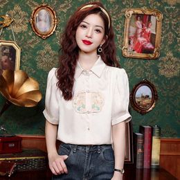 Women's Blouses Chiffon Shirts Chinese Style Embroidery Loose Fashion Short Sleeve Women Tops Summer Vintage Clothing YCMYUNYAN