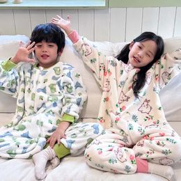Children Pyjamas Spring Flannel Thickened Split Leg Zipper Sleeping Bag Kids Girls Boys Warm Plush Toddler Jumpsuit Sleepwear 240415
