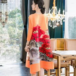 Casual Dresses Chinese Style Flower Print Color-matching Round Neck Seven-inch Sleeve Three-piece Pleated Dress A-line Skirt Loose Large