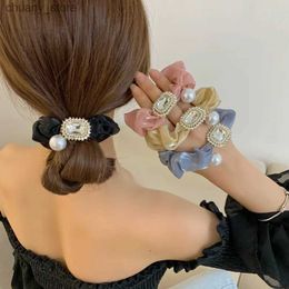 Hair Rubber Bands Pearl Hair Ring Simple Fabric Wave Hair Bands With Crystals Rhinestone Tie Hair Head Rope Satin Net Red Ponytail Hair Rope Y240417