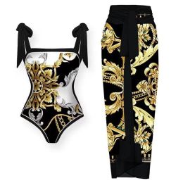 Wear 2024 New Instagram Style Retro Hot Spring Positioning Printed Swimwear Sexy Tie up One Piece Swimwear Set for Foreign Trade