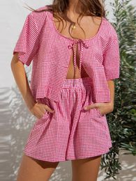 Women's Tracksuits Women Summer Short Sets Plaid Print Tie Front T-Shirt And Elastic Waist Pockets Shorts 2 Piece Loungewear Soft Sleepwear