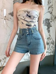 Women's Shorts Summer 2024 Korean High Waist Slimming Elastic Washed Denim Versatile Solid Colour Sexy Pants For Women