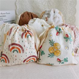 Bags 100% Natural Cotton Mommy Storage Bags Outdoor Baby Diaper Carrier Cute Sunshine Rainbow Printing Drawstring Pouches 27x25cm