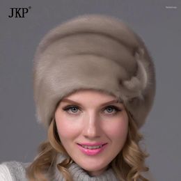 Berets JKP Real Natural Whole Fur Mink Hat Women Winter Ear Protection Casual Floral Cap