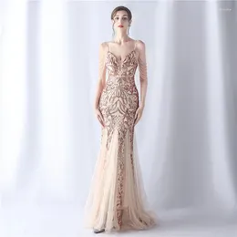 Casual Dresses Summer 2024 In Fashion Spaghetti Strap Deep V Neck Backless Gold Sequined Evening Party Cocktail Wedding Long Maxi Dress