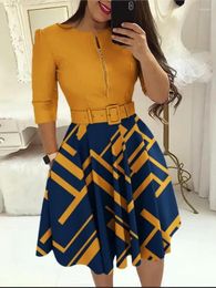 Casual Dresses 2024 Spring Summer Elegant Print Slim Belt Party Dress Women Sexy V Neck Zipper Long Sleeve A Line Office Lady