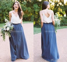 2024 Cheap Blue White Bridesmaid Dresses Spaghetti Straps Scalloped Floor Length Hot Sale Beach Wedding Maid of Honor Gown Party Formal Wear