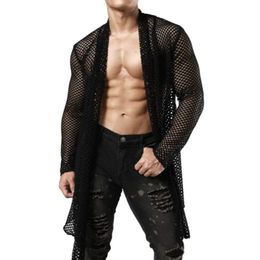 Sexy Male Sexy Hollow Out Long Cardigan Grid Streetwear Men Fashion Perspective Long-sleeved T Shirts Tops 240412