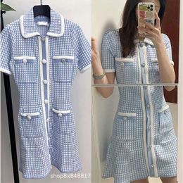 SP New Mist Blue Mini Knit Dress Women Small Fragrance Style Flash Plaid Knitted Slim Fit White A-line Spring Skirt Ladies FZ2404176