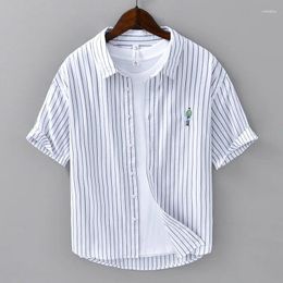 Men's Casual Shirts Embroidery Summer Striped Cotton For Men Short Sleeve Youth Male CityBoy Blouses Simple Classic Handsome Cool Boys Tops