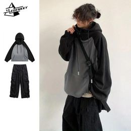 Men's Tracksuits Japanese Oversize Set Men Patchwork Fleece Loose Hooded Sweatshirt Casual Multi-pocket Wide-leg Cargo Pants Autumn Couple