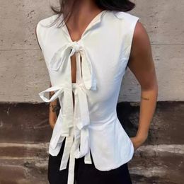 White Front Lace-up Tops Women Summer Sexy Hollow Out Sleeveless Beach Party Cropped Top Fashion Y2K Tank Top Streetwear 240415