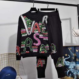 Women's Two Piece Pants Fashion Black White Knitted Tracksuit Set Women Streetwear Loose Beading Letter Sequins Knit Sweater Pencil Outfits