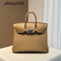 Brkns Handbag Genuine Leather 7A Handswen Milk Coloured with matte crocodile skin 25CM withSP7W