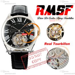 Drive Flying Tourbillon Mechanical Hand Winding Mens Watch RMSF Steel Case Black White Roman Dial Leather Strap Super Edition Watches Reloj Hombre Puretime PTCAR