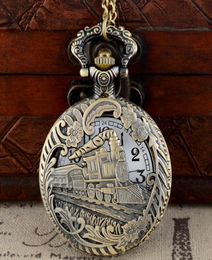 Bronze Hollow Train Theme Full Quartz Engraved Fob Retro Pendant Pocket Watch Chain Gift Fire Fighter Theme4142795