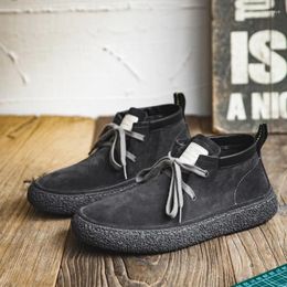 Casual Shoes Men Lace Up Cow Suede Leather High Top Boots Sneakers Flat Male Board