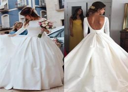 White Satin Ball Gown Wedding Dresses with Long Sleeves Bateau Neckline Draped Court Train Backless Plus Size Bridal Gowns Custom 8276177