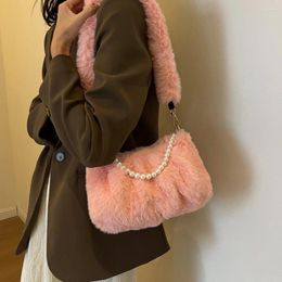 Shoulder Bags Women Fluffy Underarm Bag Soft Pearl Chain Solid Colour Lightweight Versatile Faux Fur Female Winter Daily