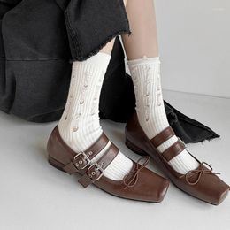 Casual Shoes 2024 Spring Summer Women Pumps Natural Leather 22-24.5cm Cowhide Pigskin Buckle Bow Mary Jane Square Toe