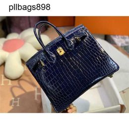 Brkns Handbag Genuine Leather 7A Handswen Luxury Crocodile Skin 25CM Midnight Blue Womens43O0