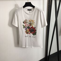 2024 Designers T-shirts Fashion T Shirts Women Letter Shirt New Sequin beaded Colourful flower short sleeve T-shirt White Black ladies top blouse crop top coat Clothing