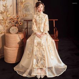 Ethnic Clothing Champagne Bride Wedding Dress Exquisite Embroidery Marriage Suit Mandarin Collar Cheongsam Chinese Style Toast