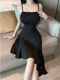 Casual Dresses WOMENGAGA Sexy Spicy Girl Solid Colour Irregular Ruffle Strap Elastic Mid Length Gift Dress Elegant For Slim Tops QV21