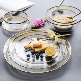 Plates Dishes Plates Luxury Gold Inlay Glass Dinner Plate Salad Bowl Serving Cake Snack Dish Dessert 230826