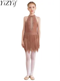 Stage Wear Kids Girls Figure Ice Skating Dance Dress Shiny Rhinestone Mesh Ballet Gymnastics Leotard Dresses Lyrical Modern Dancewear