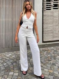 Women's Two Piece Pants Vest Top 2 Set Women Halter Backless Single Breasted Tank Tops High Waist Pant Suit White Office Lady Outfit 2024