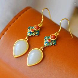 Dangle Earrings Natural Hetian White Jade Water Drop Chinese Style Antique Cloisonne Enamel Light Luxury Ethnic Women's Brand Jewellery