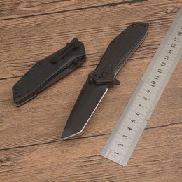 1Pcs New KS1990 Assisted Flipper Folding Knife 8Cr13Mov Black Tanto Point Blade GRN with Steel Sheet Handle Outdoor Camping Hiking EDC Pocket Knives with Retail Box