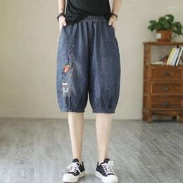 Women's Jeans Summer Baggy Capris Vintage Embroidery Denim Shorts Pants Casual Elastic High Waist Knee Length Trousers