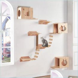 Toys Cat Toys Cat Toys Pet Hammock Wall Mounted Durable Natural Climbing Frame Bridge Solid Wood Toy Jum Drop Delivery 2021 Home Garden