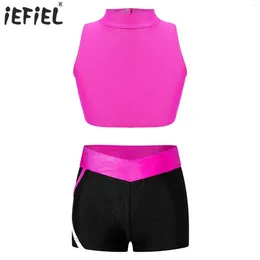 Stage Wear Kids Girls Ballet Gymnastics Sets Sleeveless Mock Neck Crop Top Sport Shorts For Dance Performance Workout Fitness Suit