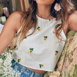 Camisoles & Tanks Womens Cotton Linen Tank Tops Crewneck Floral Embroidered Casual Sleeveless Crop Short Blouses Summer Basic Sweet