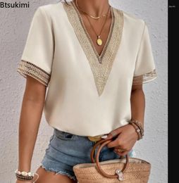 Women's T Shirts 2024 Summer Solid Blouse Hollow Out Design Lace Decor V-Neck Short Sleeve Casual Loose Pullovers Tops Female