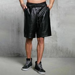 Men's Shorts Men Drawstring Waist Faux Leather With Pockets Wide Leg Streetwear Summer For Elastic