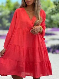 Casual Dresses 2024 Spring Women's Sweet European And American V-neck Solid Color Flare Long Sleeved Cotton Linen Dress