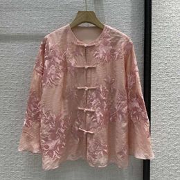Women's Blouses Chinese Style Long Sleeved Shirt Women O-neck One Line Button Blouse Vintage Literature Art Flower Embroidery Loose Shirts