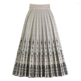 Skirts Women Knitted Mid-length Skirt 2024 Autumn Winter Vintage Print A Line High Waist Pleated Midi Long Female P402