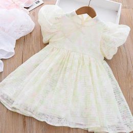 Girl Dresses Girls Summer Cheongsam Princess Dress 2024 Vintage Pearl Buckle Kids Puff Sleeve Birthday Toddler Clothes