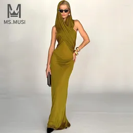 Casual Dresses MSMUSI 2024 Fashion Women Sexy Halter Lace Mesh Hollow Out Draped Fold Sleeveless Backless Bodycon Party Event Maxi Dress