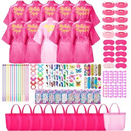 61012 Set Birthday Squad Robes Spa Party Favors for Kids Robe Girls Kimono Satin Pink 240407