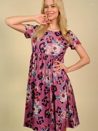 Casual Dresses 2024 Leopard Print Plant Flower Short Sleeve Dress Summer Tight Waist Slim Looking All-Match Knee-Length Skirt