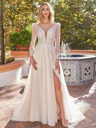 A Line Wedding Dresses Plunging V Neck Sexy Thigh Split Boho Beach Bridal Gowns Long Sleeves YD