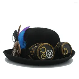 Berets Women's Men's Black Bowler Steampunk Hat For Lady Cosplay Bailey Ofhollywood Fedora Halloween Party Caps With Punk Gear Glasses