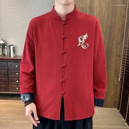 Men's T Shirts Summer Product Trendy Fashion Embroidery Chinese Style Standing Neck Long Sleeved Top For Men